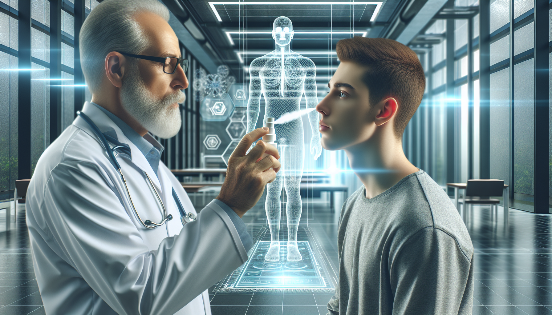 未来的な医療施設で点鼻スプレーを使用する患者